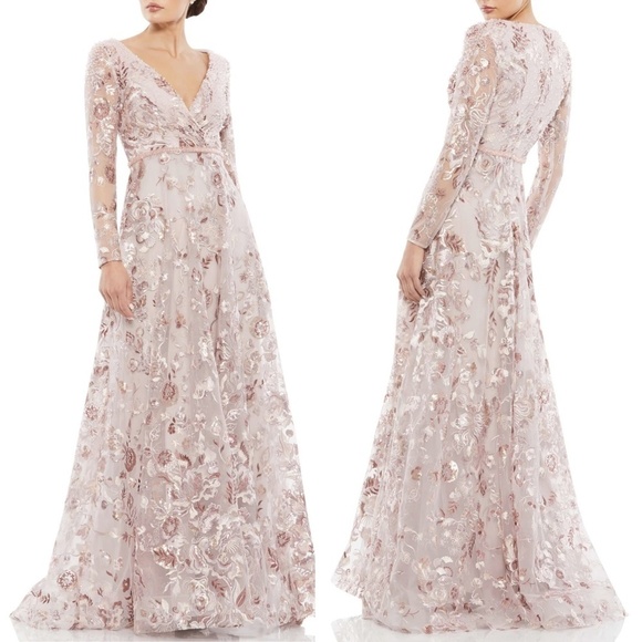 NWT Mac Duggal Embellished V Neck Illusion Long Sleeve A Line Gown in Ro… - Picture 1 of 4